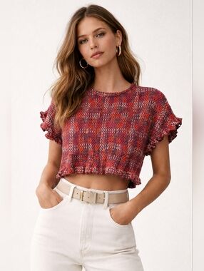 Zara Tweed Crop Top Size S Red Plaid Ruffle Sleeve EUC